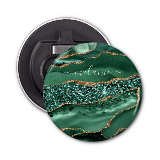 Agaat Groen Goud Smaragd Aangepaste Naam Flesopene Button Flesopener (Voorkant)