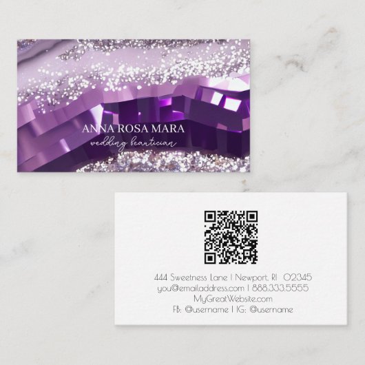 *~* Agaat Lavendel Paarse Gouden Glitter AP66 QR Visitekaartje (Voorkant / Achterkant)