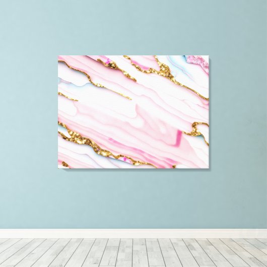 Agaat Marmer Trendy Blauw Roze Goud Collectie Canvas Afdruk (Insitu (Houten vloer))