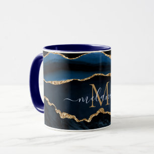Agaat Navy Blauw Goud Marmer Custom Naam Mok