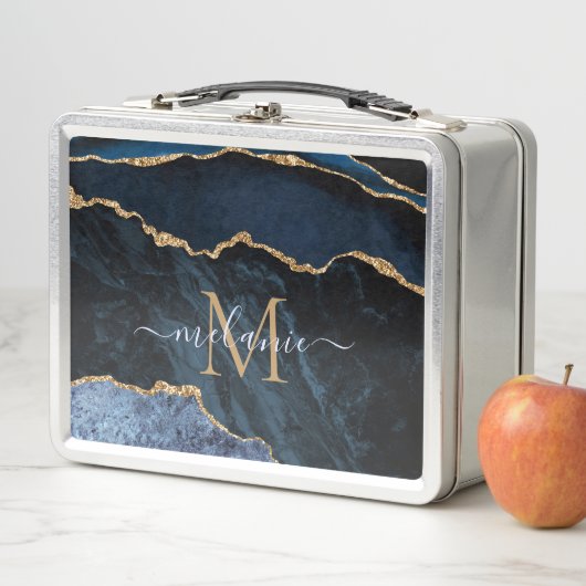Agaat Navy Blauw Goud Naam Letter Metalen Lunchbox (In situ)