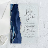 Agaat Navy Blauw Zilver Modern Script Bruiloft Acryl Uitnodigingen