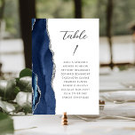 Agaat Navy Blauw Zilver Modern Script Bruiloft Kaart<br><div class="desc">De linkerkant van deze elegante,  moderne bruidstafelnummerkaart is voorzien van een marineblauwe waterverf agaatrand met faux silver glitter. Het woord "table" verschijnt in een houtskoolgrijs handschrift op een witte achtergrond. Voeg de namen toe van uw gasten die aan elke tabel zijn toegewezen.</div>