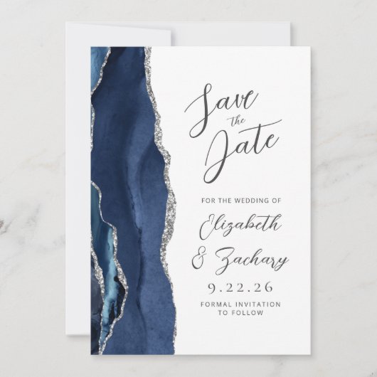 Agaat Navy Blauw Zilver Modern Script Bruiloft Save The Date (Voorkant)