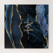 Agaat Navy Blauwe Goud Edelsteen Marmer Monogram Legpuzzel (Horizontaal)