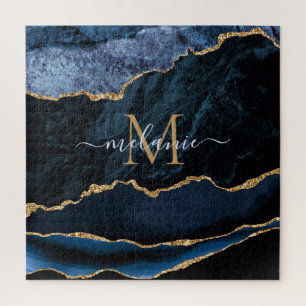 Agaat Navy Blauwe Goud Edelsteen Marmer Monogram Legpuzzel