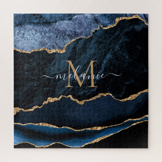 Agaat Navy Blauwe Goud Edelsteen Marmer Monogram Legpuzzel (Verticaal)