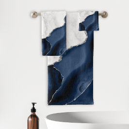 Agaat Navy Blauwe Zilveren Glitters Witte Marmer Bad Handdoek