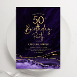 Agaat Paarse Goud 50e Verjaardag Kaart<br><div class="desc">Paarse en gouden agaat 50ste verjaardagsfeestuitnodiging. Elegant modern ontwerp met waterverf agaat marmeren geode achtergrond,  faux glitter goud en typografie script lettertype. Trendy uitnodigingskaart perfect voor een stijlvol vrouwenfeest. Gedrukte Zazzle-uitnodigingen of direct download digitale afdrukbare sjabloon.</div>