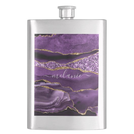 Agaat Paarse Gouden Glitter Custom Naam Flask Flacon (Voorkant)