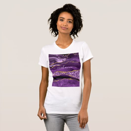 Agaat Paarse Gouden Glitter Custom Naam T-Shirt (Voorkant volledig)