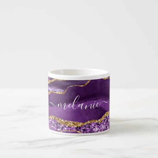 Agaat Paarse Gouden Glitter Custom Name Espresso C Kop (Voorkant)