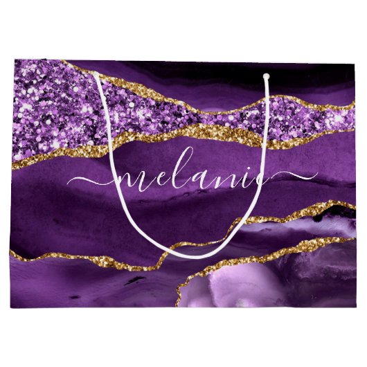 Agaat Paarse Gouden Glitter Custom Name Gift Bag Groot Cadeauzakje (Achterkant)