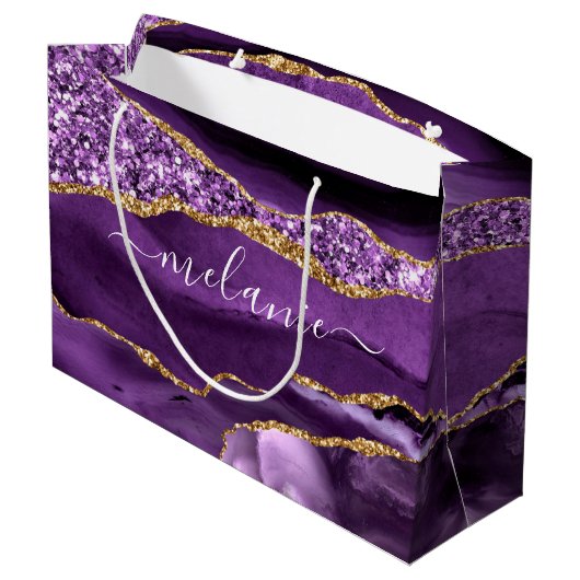 Agaat Paarse Gouden Glitter Custom Name Gift Bag Groot Cadeauzakje (Achterkant Gekanteld)