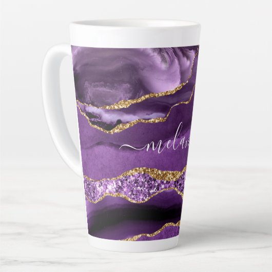 Agaat Paarse Gouden Glitter Custom Name Latte Mok (Linkerhoek)