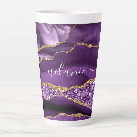 Agaat Paarse Gouden Glitter Custom Name Latte Mok (Voorkant)