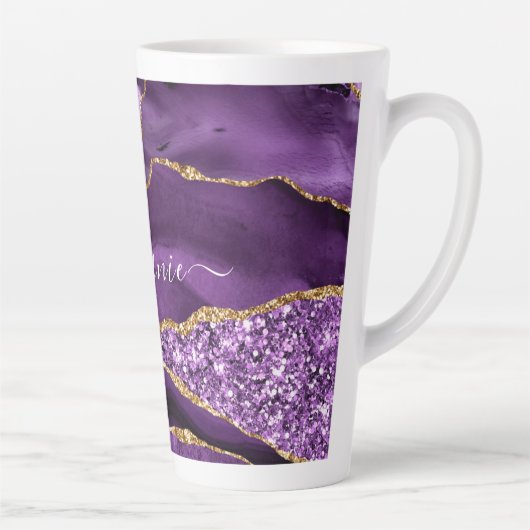 Agaat Paarse Gouden Glitter Custom Name Latte Mok (Rechts)