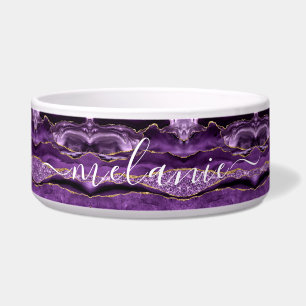 Agaat Paarse Gouden Glitter Custom Name Pet Bowl Voerbakje