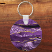 Agaat Paarse Gouden Glitter Custom Name Sleutelhan Sleutelhanger (Voorkant)