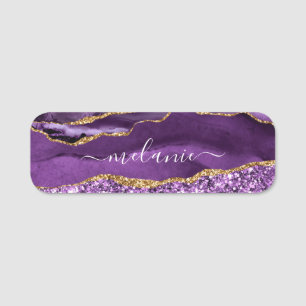 Agaat Paarse Gouden Glitter Marmer Custom Name Lab Naamplaatje