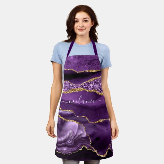 Agaat Paarse Gouden Glitter Marmer Custom Name Sch Schort (Gedragen)