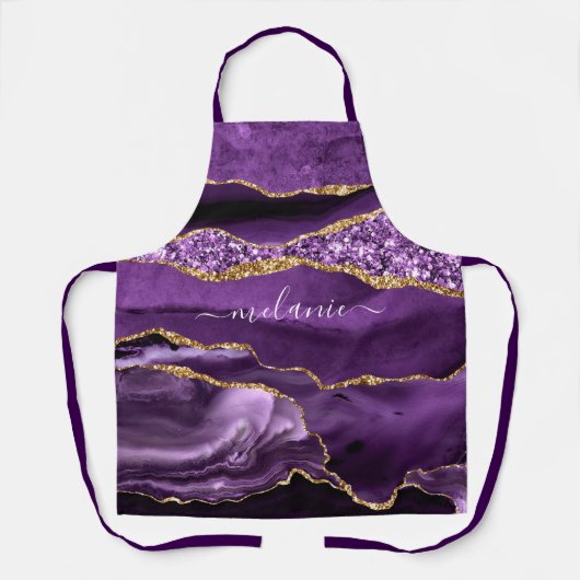 Agaat Paarse Gouden Glitter Marmer Custom Name Sch Schort (Voorkant)