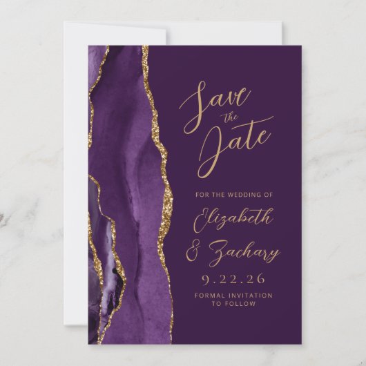 Agaat Paarse Gouden Pruim Modern Script Bruiloft Save The Date (Voorkant)