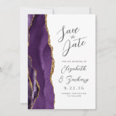 Agaat Paarse Gouden Pruim Modern Script Bruiloft Save The Date (Voorkant)