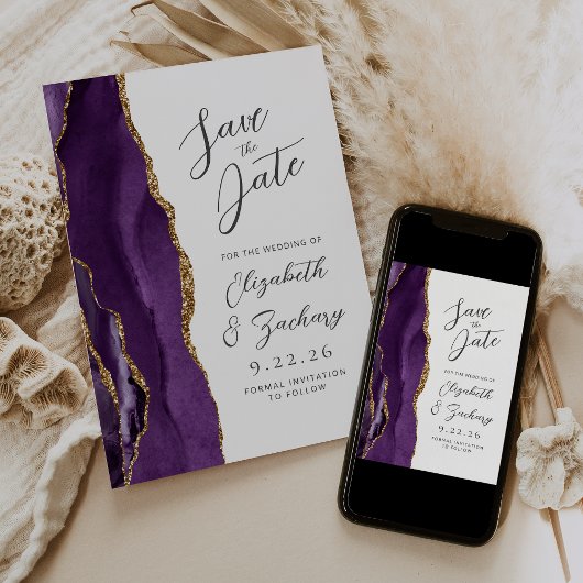 Agaat Paarse Gouden Pruim Modern Script Bruiloft Save The Date