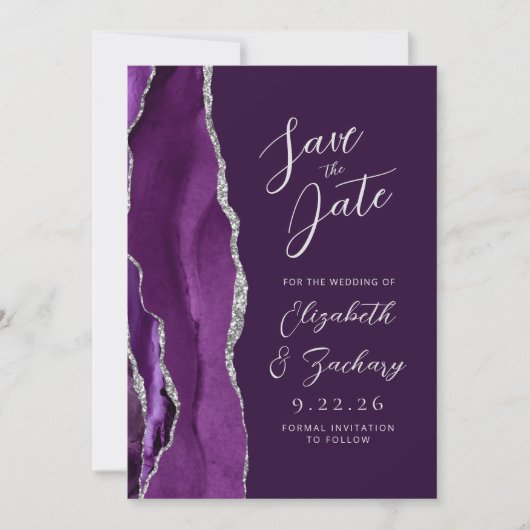 Agaat Paarse Silver Plum Script Wedding Suite Save The Date (Voorkant)