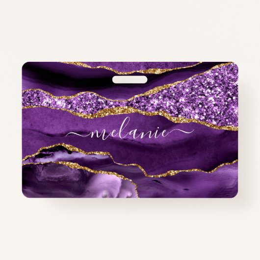 Agaat Paarse Violet Goud Glitter Custom Name Badge (Voorkant)