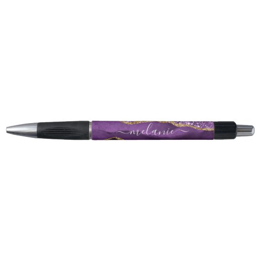 Agaat Paarse Violet Goud Glitter Custom Name Pen (Voorkant)