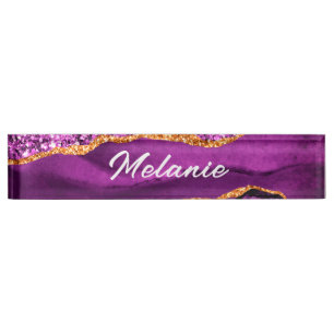 Agaat Paarse Violet Goud Marmeren Bureaunaam Bord Naambordje