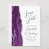 Agaat Paarse zilveren modern script bruiloft Save The Date (Voorkant)
