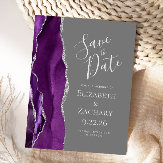 Agaat Paarse zilvergrijs Save the Date Briefkaart