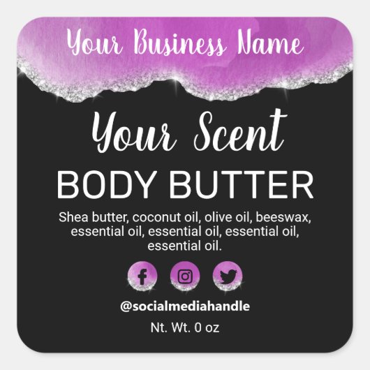 Agaat Paarse Zwart Zilver Glitter Productlabels Vierkante Sticker (Voorkant)