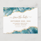 Agaat Save the Date Turquoise Blauwgroen Gouden Br Aankondigingskaart (Voorkant)