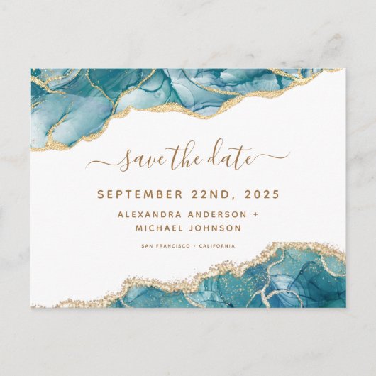 Agaat Save the Date Turquoise Blauwgroen Gouden Br Aankondigingskaart (Voorkant)