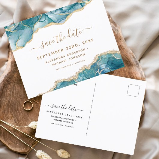Agaat Save the Date Turquoise Blauwgroen Gouden Br Aankondigingskaart