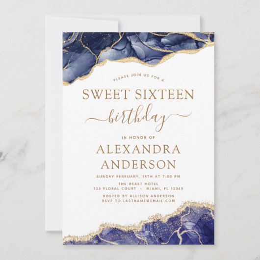 Agaat Sweet Sixteen 16 Navy Blauw Goud Uitnodiging (Voorkant)