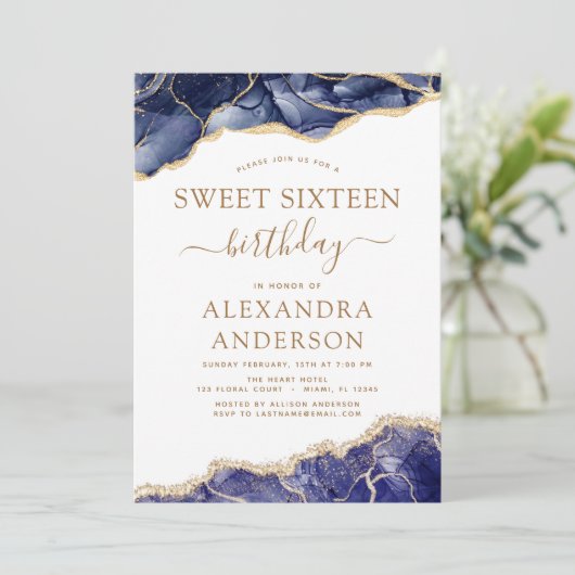 Agaat Sweet Sixteen 16 Navy Blauw Goud Uitnodiging (Staand voorkant)