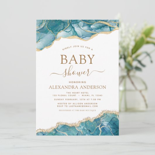 Agaat Turquoise Baby shower Blauwgroen Goud Blauw Kaart (Staand voorkant)