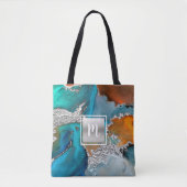 Agaat waterverf monogram zilver turquoise sinaasap tote bag (Voorkant)