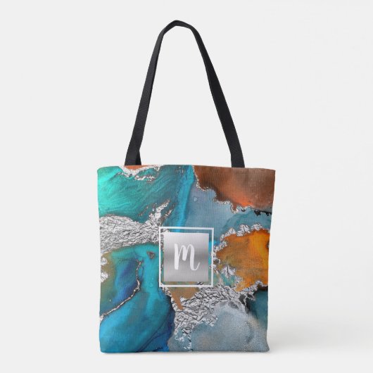 Agaat waterverf monogram zilver turquoise sinaasap tote bag (Achterkant)
