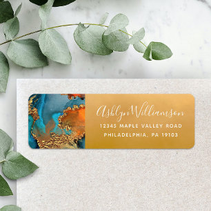 Agaat waterverf turquoise goud sinaasappel adres etiket