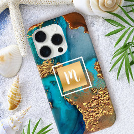 Agaat waterverf turquoise sinaasappel goud monogra iPhone 16 pro hoesje