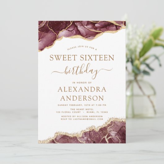 Agaat zoet 16 verjaardag bordeaux goud kaart (Staand voorkant)