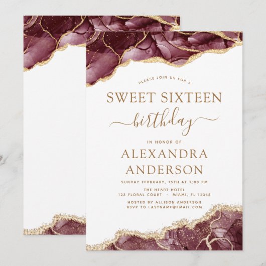 Agaat zoet 16 verjaardag bordeaux goud kaart (Voorkant / Achterkant)