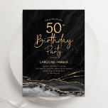 Agaat Zwart Goud 50e Verjaardag Kaart<br><div class="desc">Zwart en goud agaat 50ste verjaardag feestuitnodiging. Elegant modern ontwerp met waterverf agaat marmeren geode achtergrond,  faux glitter goud en typografie script lettertype. Trendy uitnodigingskaart perfect voor een stijlvol vrouwenfeest. Gedrukte Zazzle-uitnodigingen of direct download digitale afdrukbare sjabloon.</div>