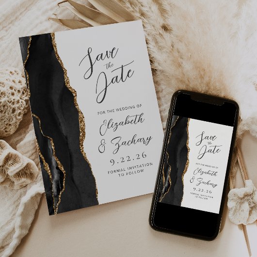 Agaat Zwart Goud Modern Script Bruiloft Save The Date